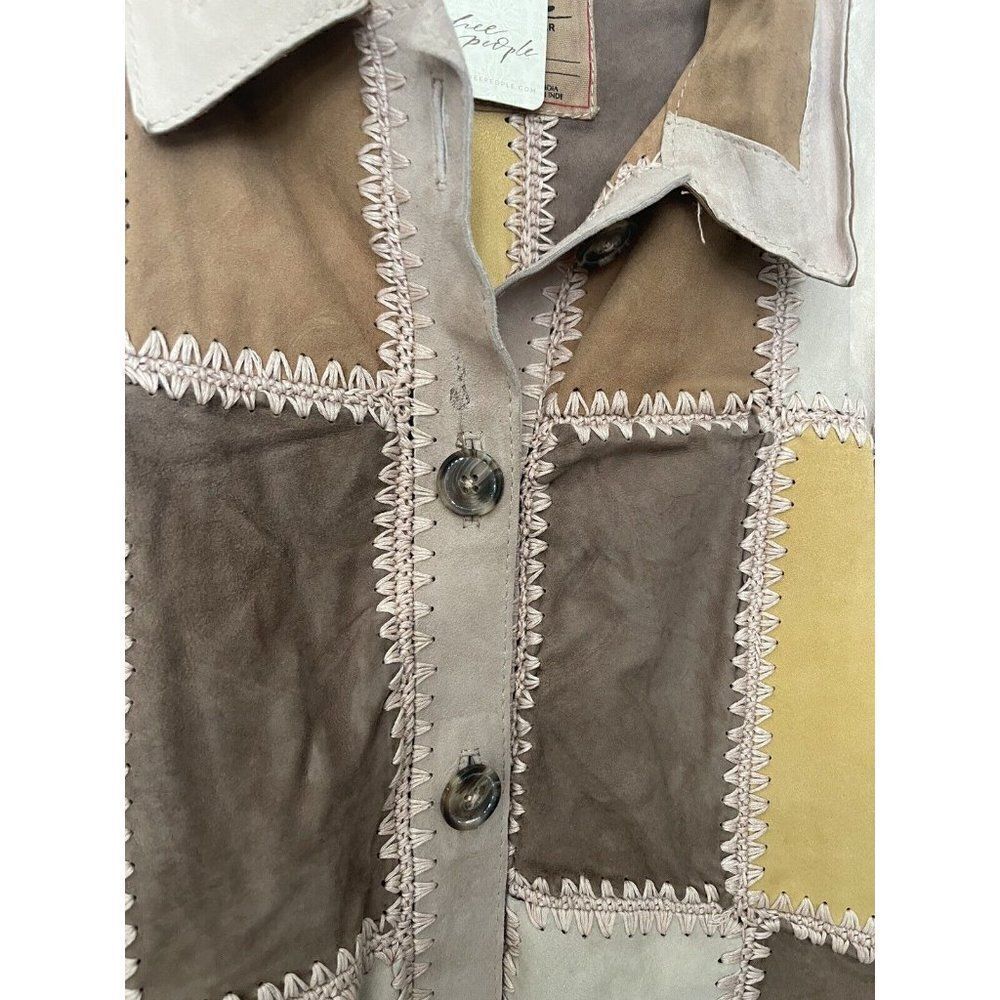NWT FREE PEOPLE Sz L EDIE CROCHET CHORE LEATHER SUEDE PATCHED SHIRT JACK… - Picture 6 of 9
